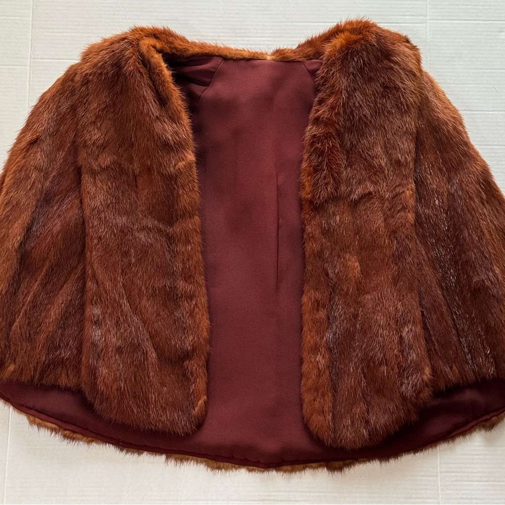 Vintage 1950s Mahogany Mink Fur Cape w/ Satin Lining Crop Jacket Shoulder Shawl